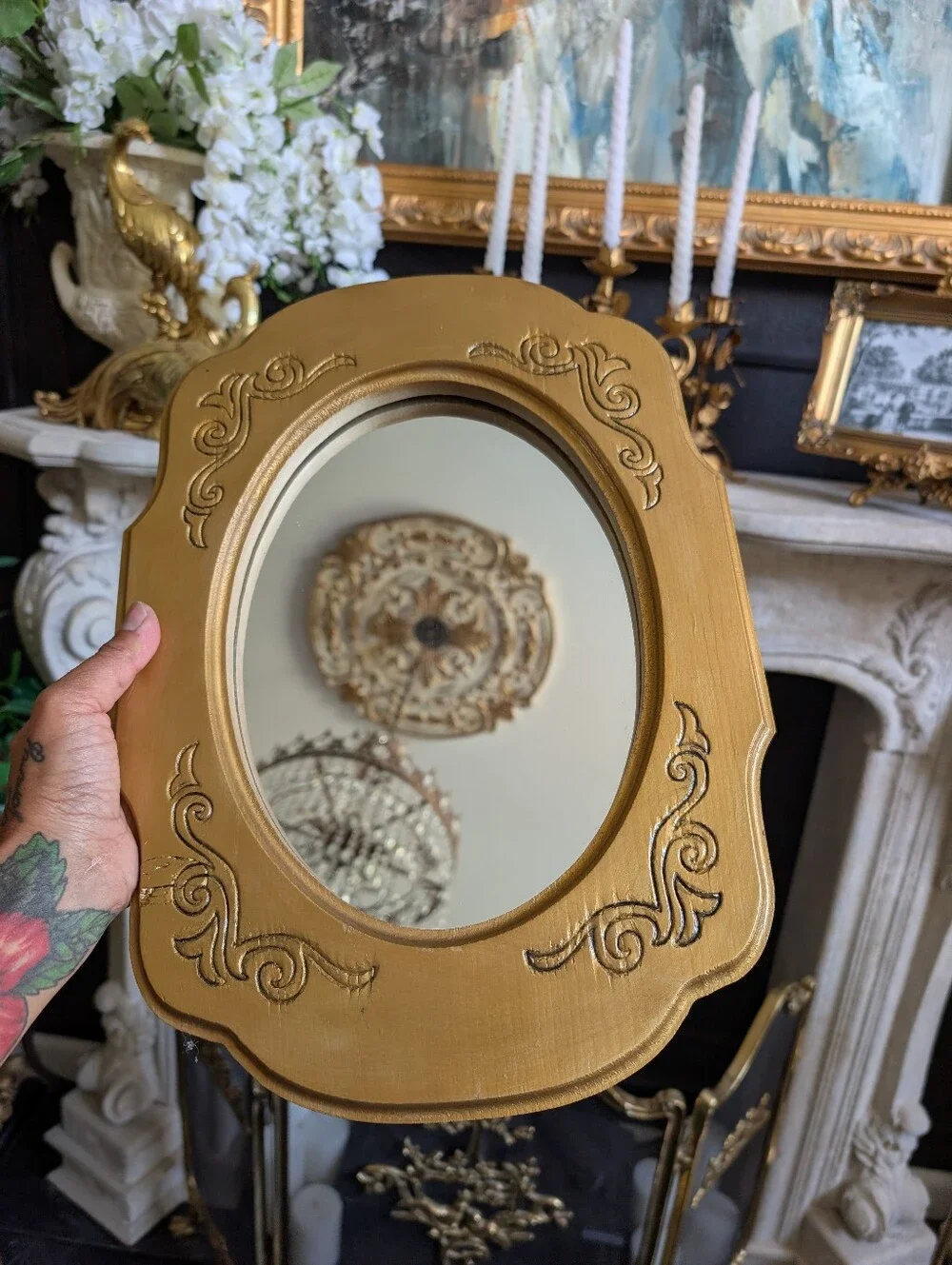 Vintage Gold Leaf Wood Scroll Detail Wall Table Mirror 15